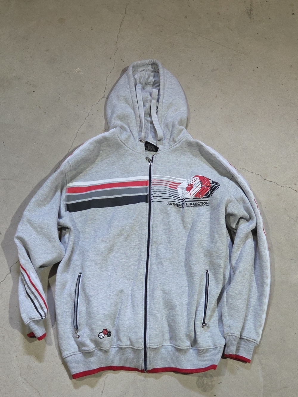 South Pole Light Gray Zip Hoodie with Red & Black Stripe Accents